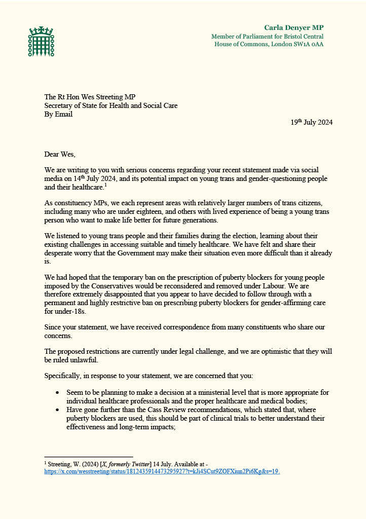 My Letter With Carla Denyer To Wes Streeting About Puberty Blockers