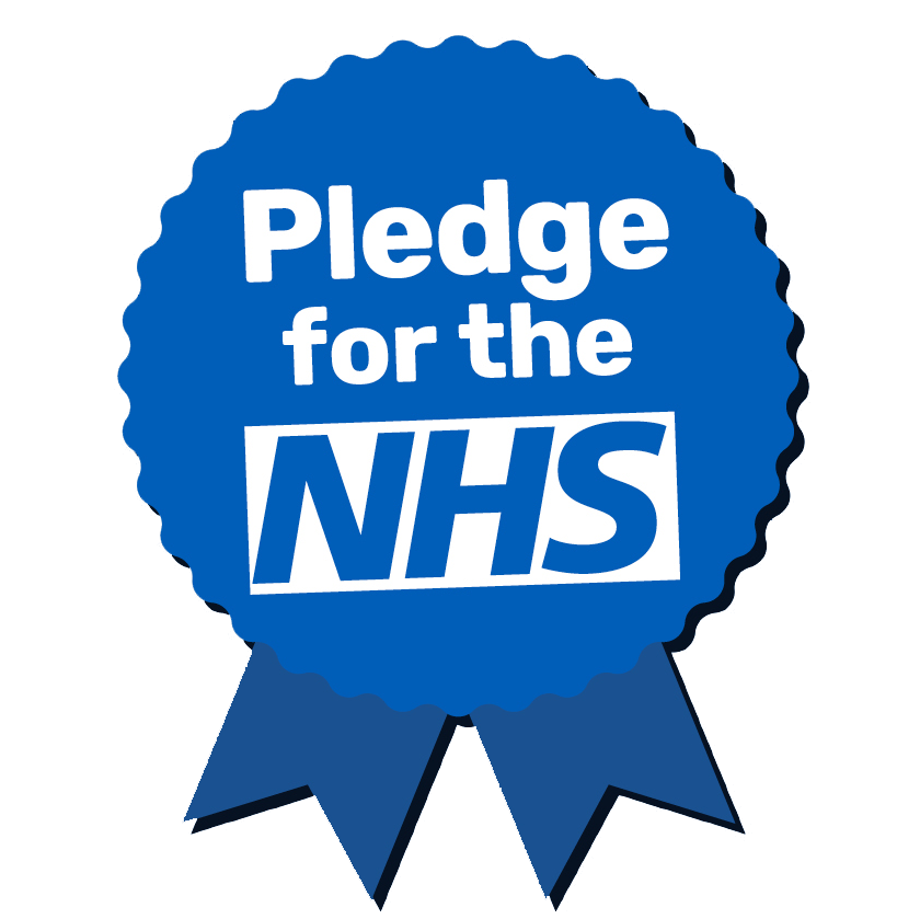 Blue rosette logo. Text: Pledge for the NHS