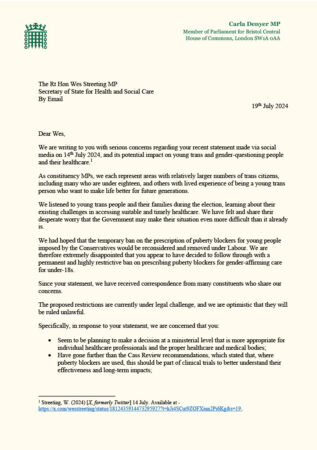 First page and letterhead of letter from Carla Denyer and Sian Berry to Wes Streeting.